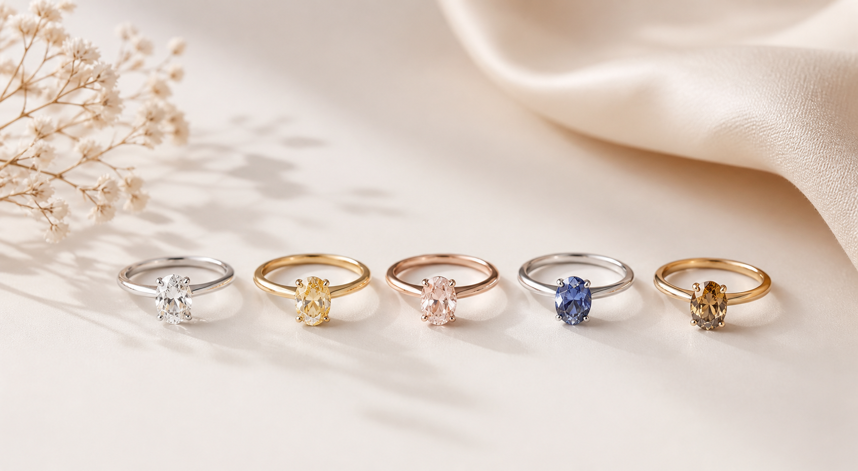 Minimal banner showing five engagement rings with different colored gemstones (white, yellow, pink, blue, and champagne) arranged in a clean row on a soft neutral background with gentle lighting and subtle shadows.