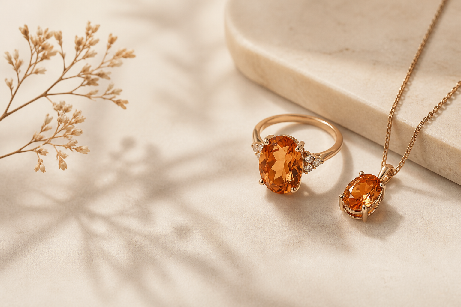 Minimal luxury banner featuring imperial topaz ring and pendant in warm gold tones on a soft beige background with natural light and clean composition