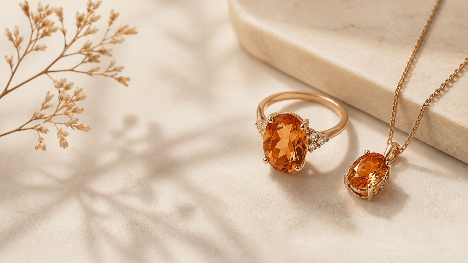 Minimal luxury banner featuring imperial topaz ring and pendant in warm gold tones on a soft beige background with natural light and clean composition