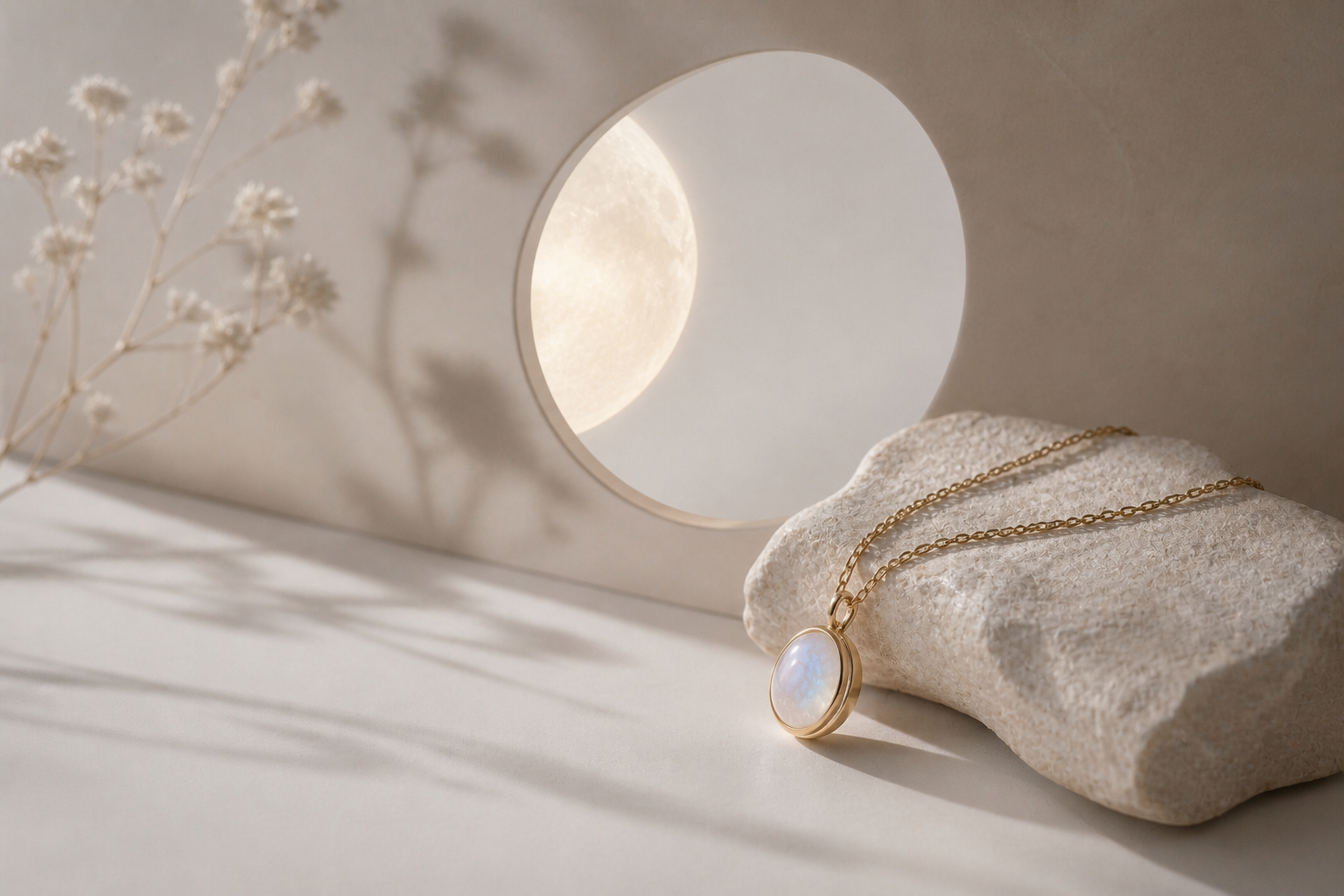 Minimal moonstone pendant on soft beige background with a subtle moon glow.
