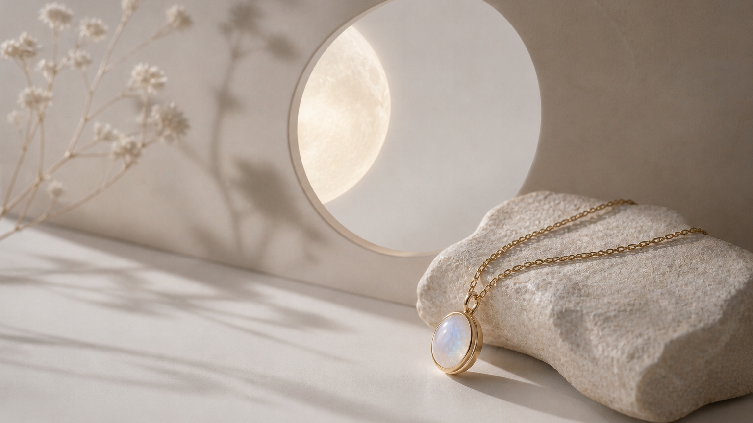 Minimal moonstone pendant on soft beige background with a subtle moon glow.