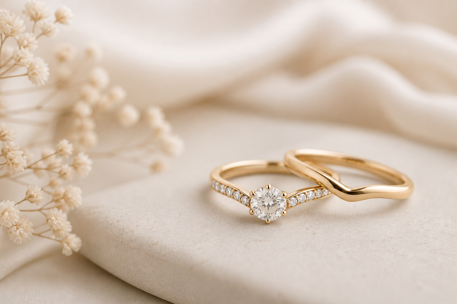 Curved wedding band paired with a round solitaire diamond engagement ring in yellow gold, placed on a soft neutral surface with warm diffused lighting, minimal luxury background and subtle floral accents.