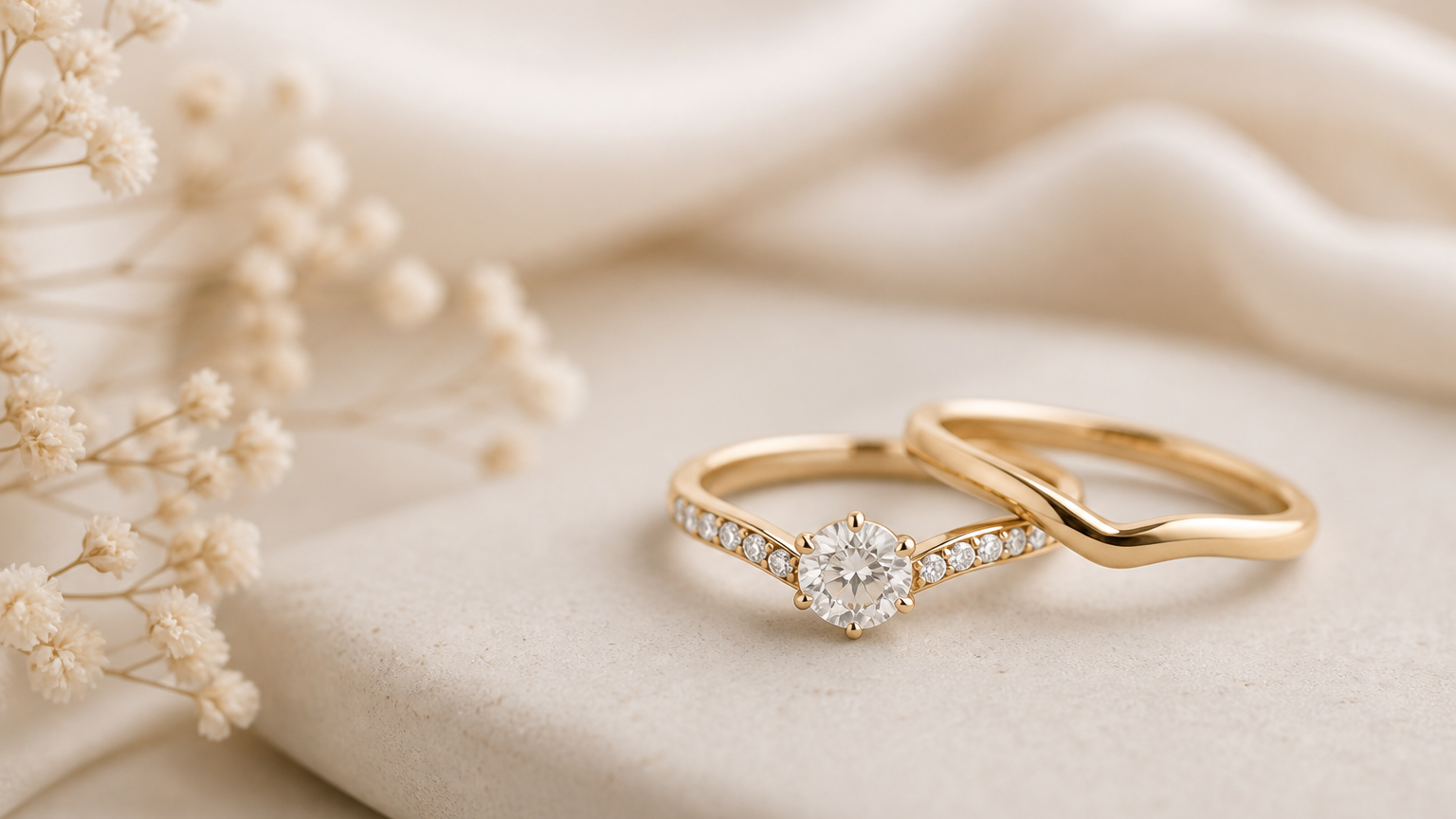 Curved wedding band paired with a round solitaire diamond engagement ring in yellow gold, placed on a soft neutral surface with warm diffused lighting, minimal luxury background and subtle floral accents.