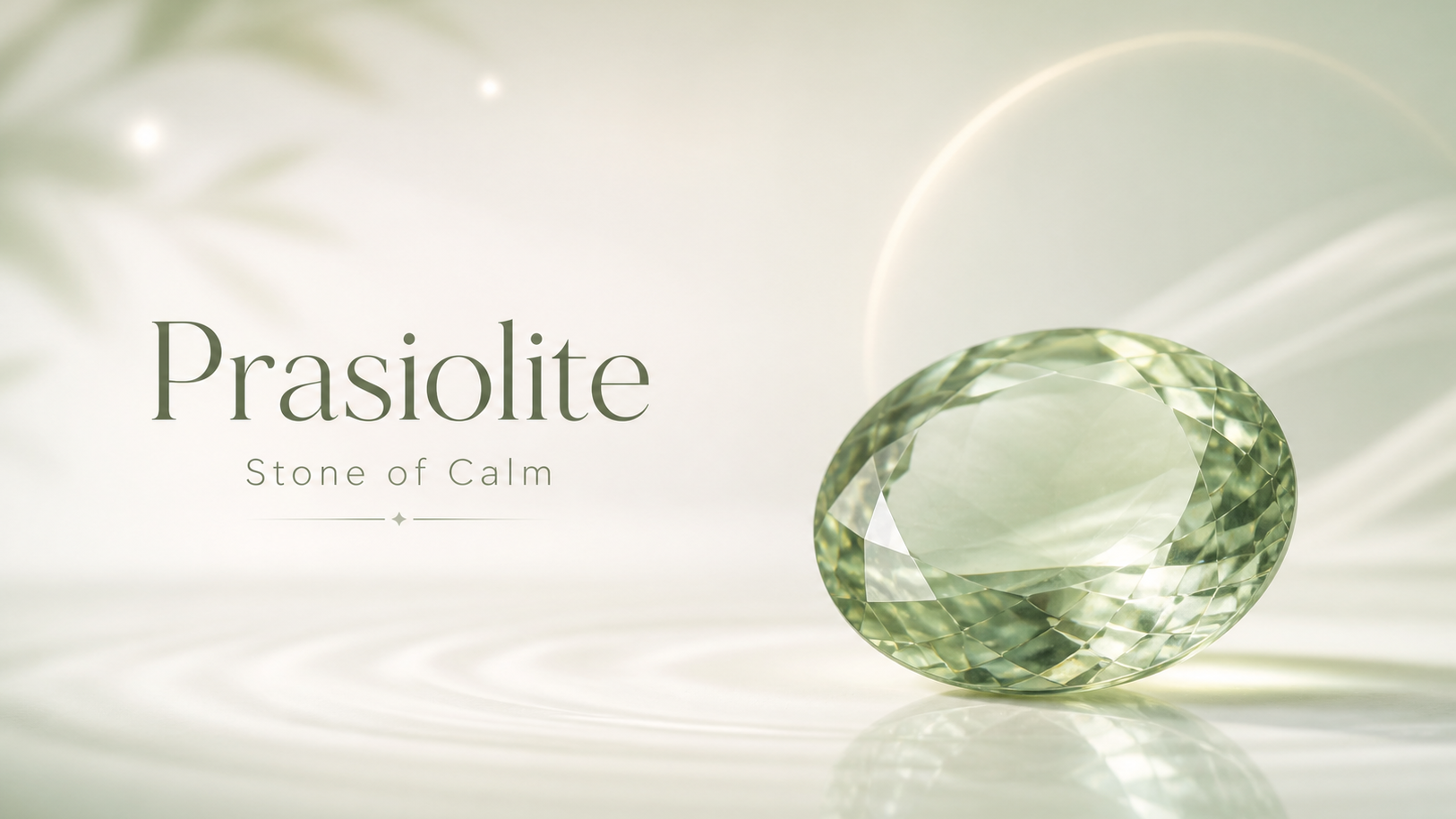 Minimal prasiolite blog banner featuring a soft green faceted gemstone on a light sage and ivory gradient background with the text “Prasiolite Stone of Calm.