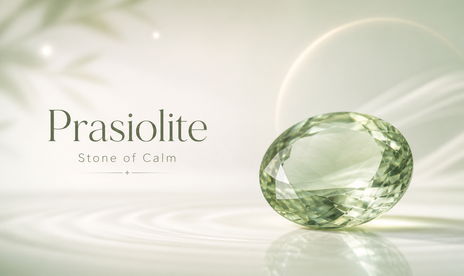 Minimal prasiolite blog banner featuring a soft green faceted gemstone on a light sage and ivory gradient background with the text “Prasiolite Stone of Calm.