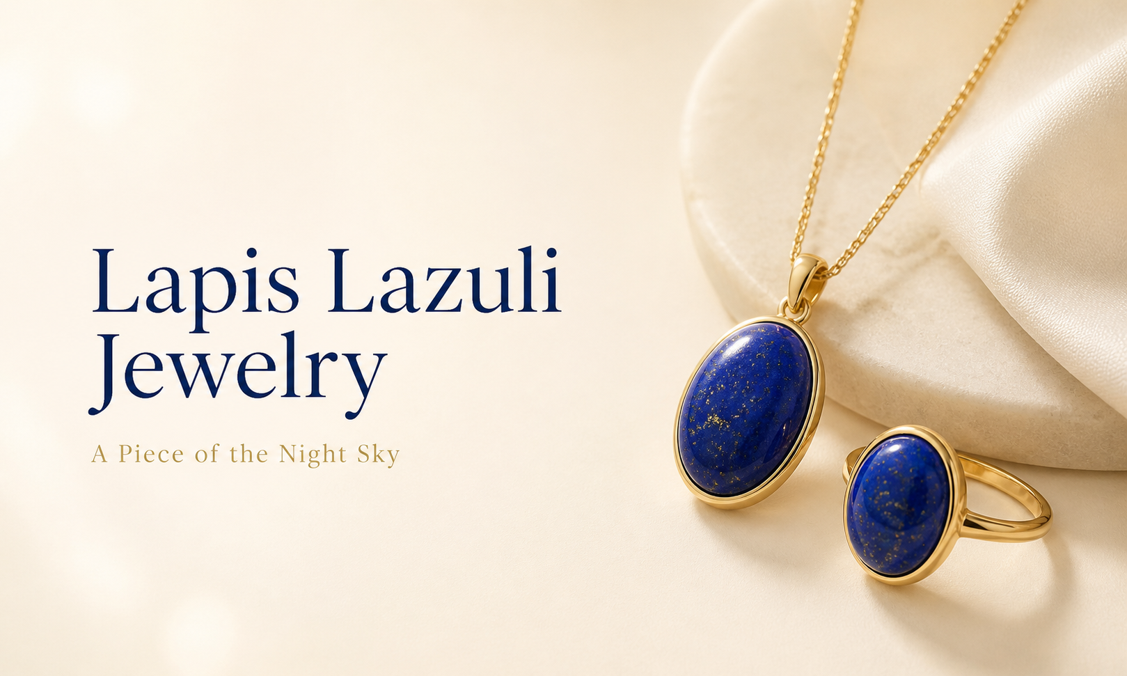 Minimal blog banner for lapis lazuli jewelry featuring a gold pendant necklace and matching ring with deep blue stones on a soft cream background, titled Lapis Lazuli Jewelry A Piece of the Night Sky.