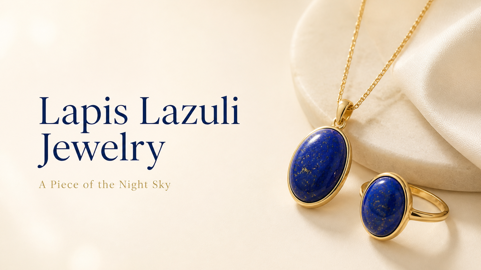 Minimal blog banner for lapis lazuli jewelry featuring a gold pendant necklace and matching ring with deep blue stones on a soft cream background, titled Lapis Lazuli Jewelry A Piece of the Night Sky.