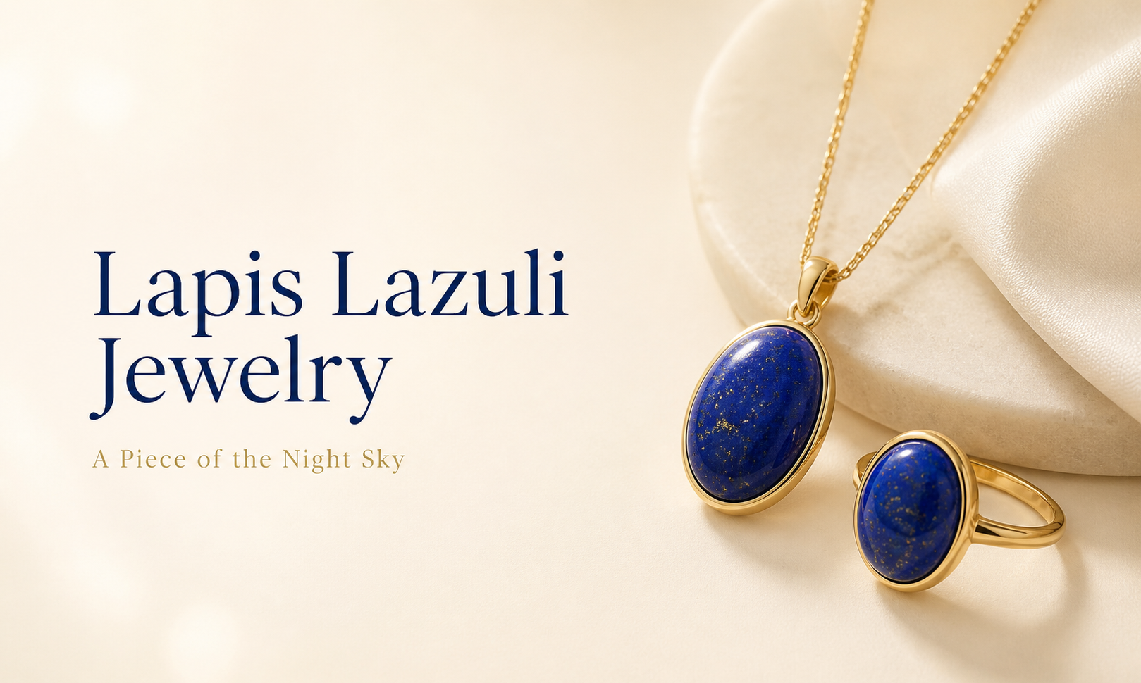 Minimal blog banner for lapis lazuli jewelry featuring a gold pendant necklace and matching ring with deep blue stones on a soft cream background, titled Lapis Lazuli Jewelry A Piece of the Night Sky.