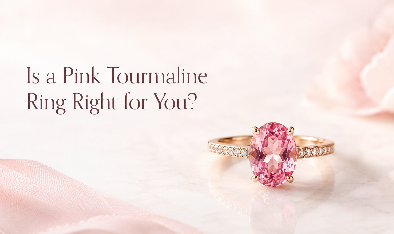 Oval pink tourmaline ring in gold setting on soft pastel background for jewelry blog hero image
