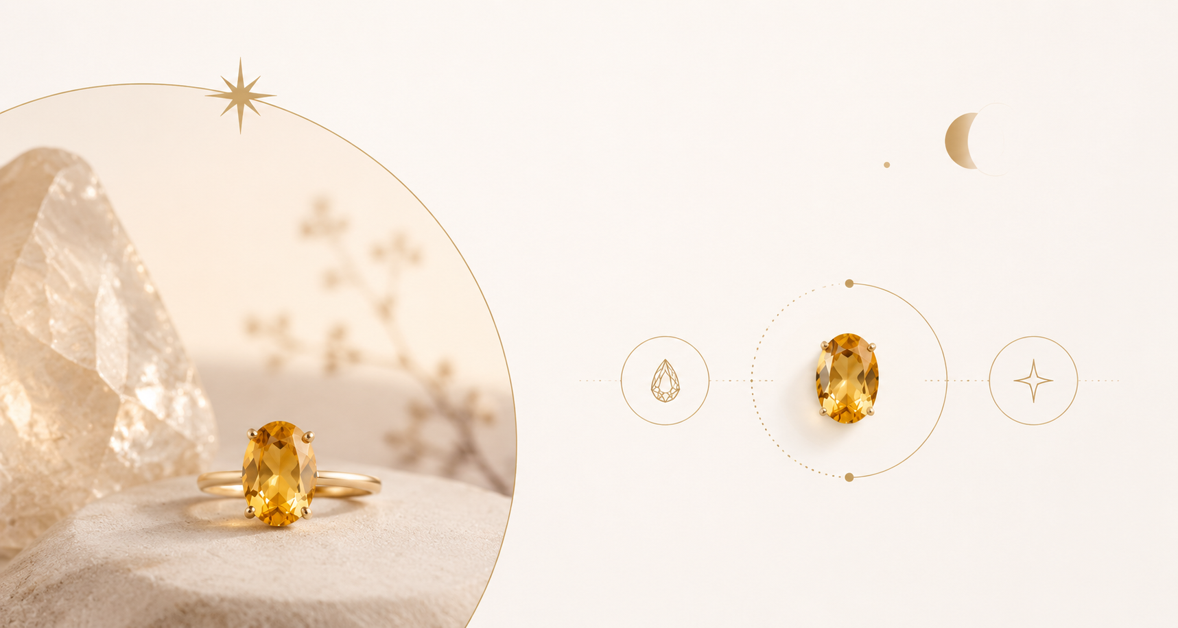 A minimalist jewelry scene featuring a gold ring with a citrine-like gemstone set against a soft cream background. The gemstone is surrounded by abstract celestial motifs, such as a glowing star and moon, creating a serene and luxurious atmosphere.