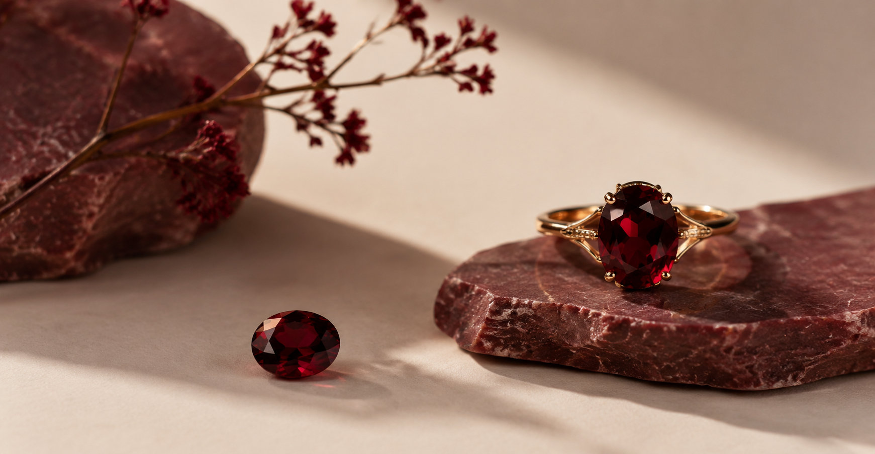 Garnet ring with intricate gold prongs on a maroon stone platform