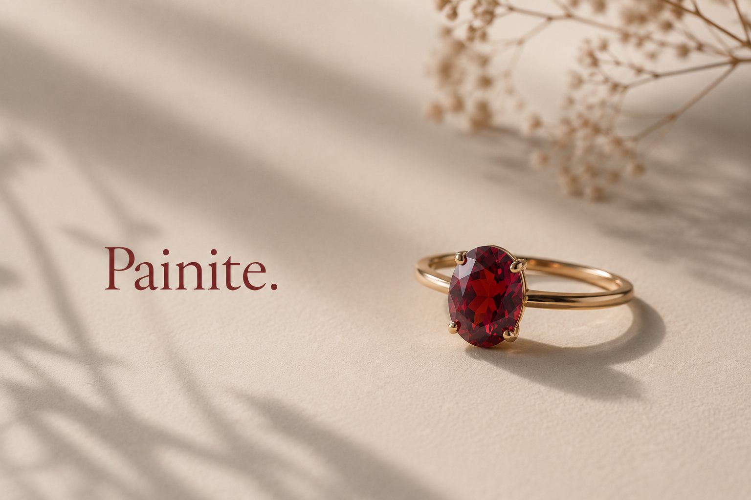 Painite gemstone ring on a soft beige background with minimal luxury styling.