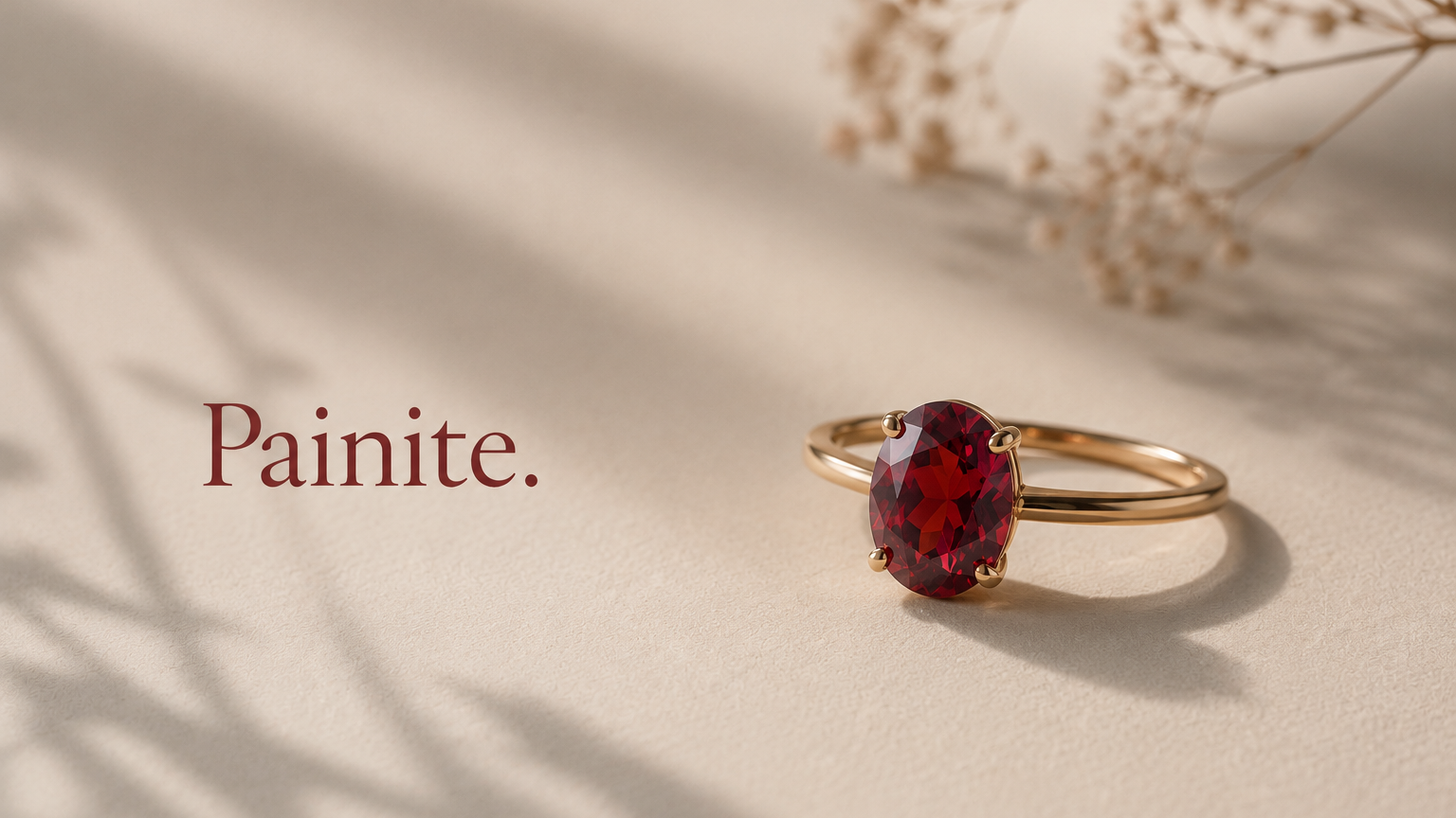 Painite gemstone ring on a soft beige background with minimal luxury styling.