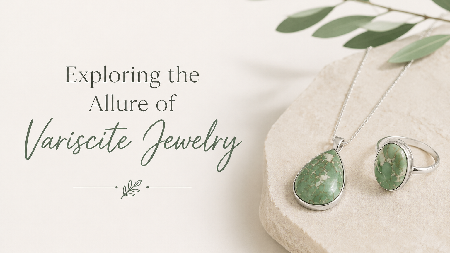Minimalist design featuring a silver variscite necklace and ring on a soft stone surface, with elegant green typography reading 'Exploring the Allure of Variscite Jewelry