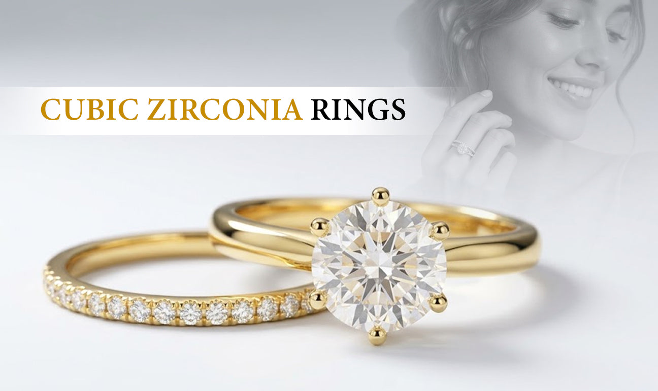 Cubic zirconia rings with a round solitaire center stone and a diamond-accented band in yellow gold