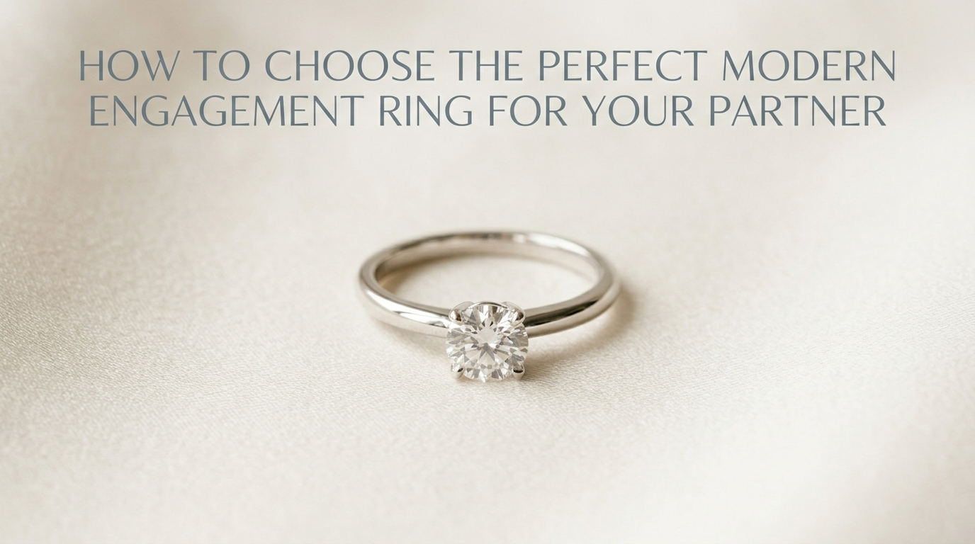 Modern solitaire diamond engagement ring on a soft neutral background
