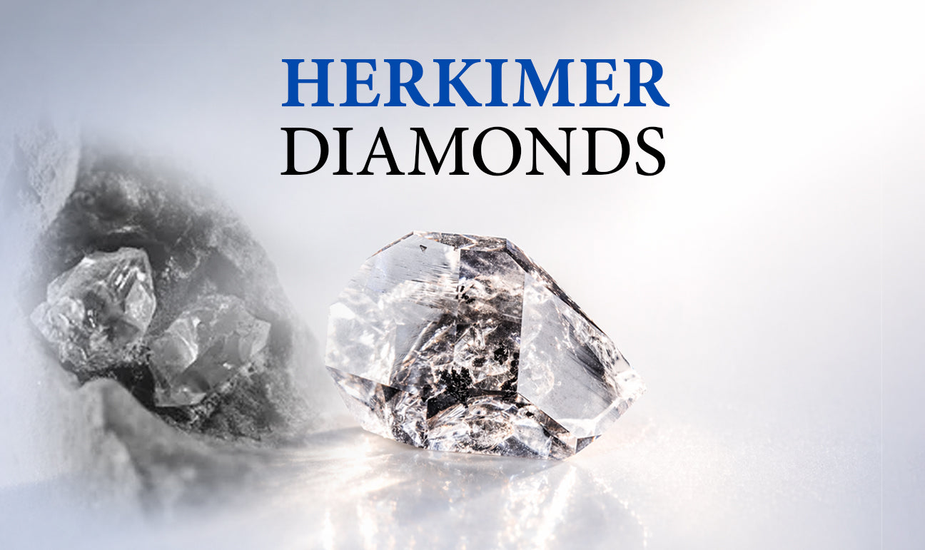 Herkimer diamonds showing a natural quartz crystal in rock on the left and a clear double-terminated Herkimer diamond crystal on the right with the title “Herkimer Diamonds” above.