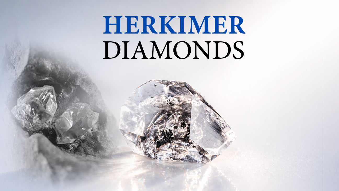 Herkimer diamonds showing a natural quartz crystal in rock on the left and a clear double-terminated Herkimer diamond crystal on the right with the title “Herkimer Diamonds” above.