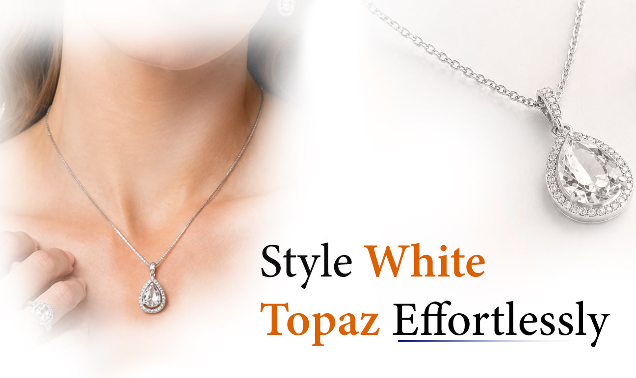 White topaz teardrop pendant necklace styled elegantly with minimal jewelry and soft neutral tones
