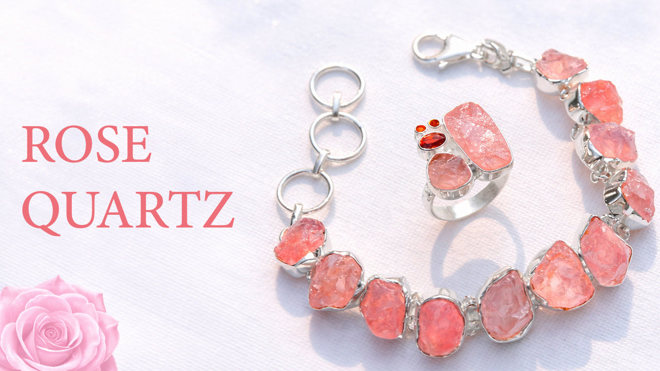 Rose quartz bracelet and ring in silver setting with natural pink gemstones