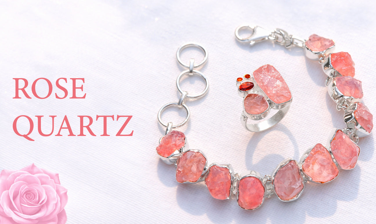 Rose quartz bracelet and ring in silver setting with natural pink gemstones