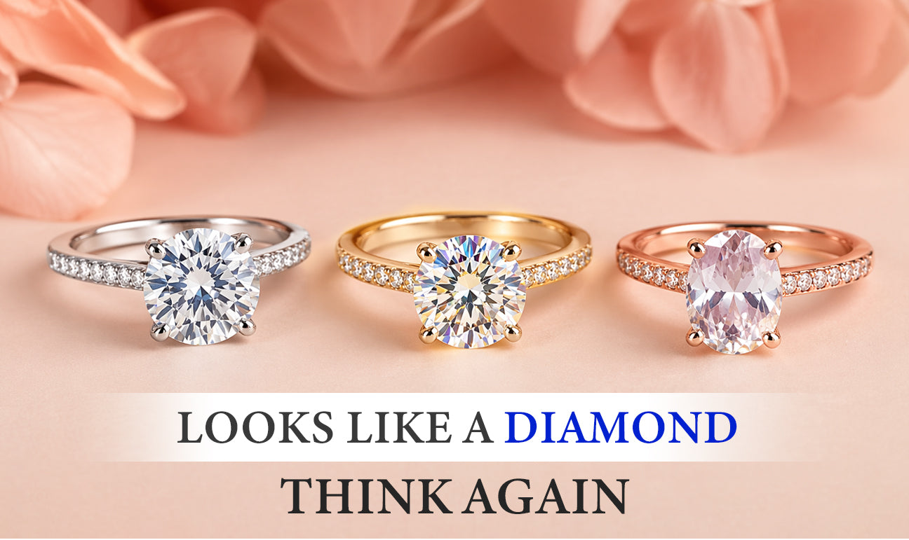 Three simulated diamond rings in white gold, yellow gold, and rose gold showing diamond-like sparkle