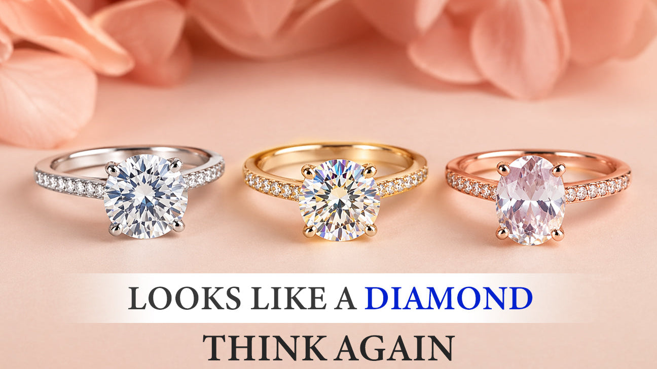 Three simulated diamond rings in white gold, yellow gold, and rose gold showing diamond-like sparkle