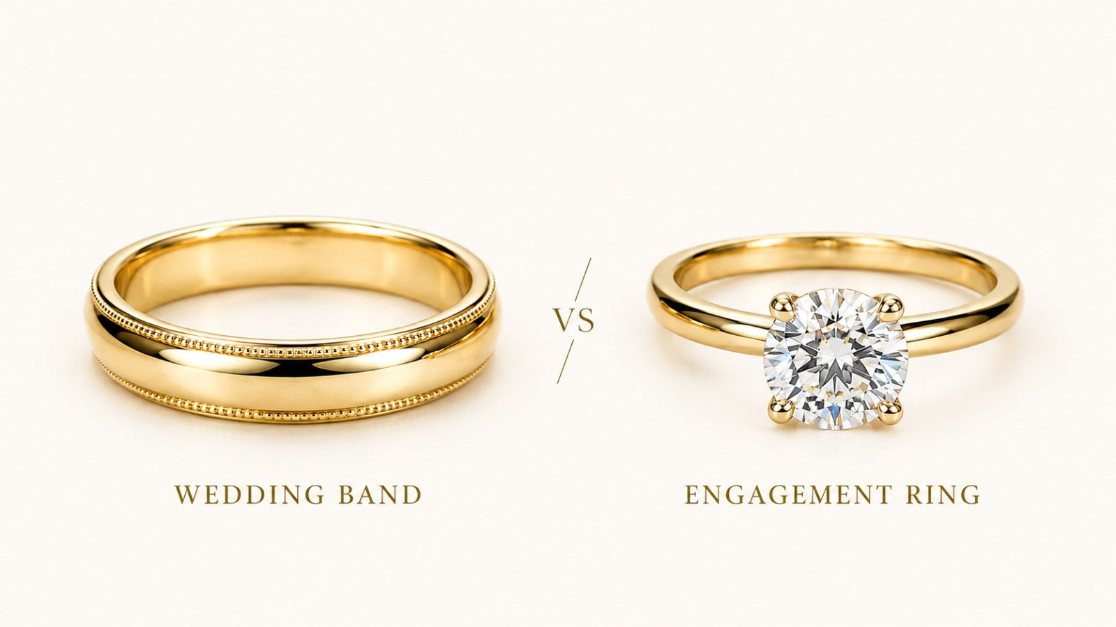 Wedding band and solitaire engagement ring in gold.