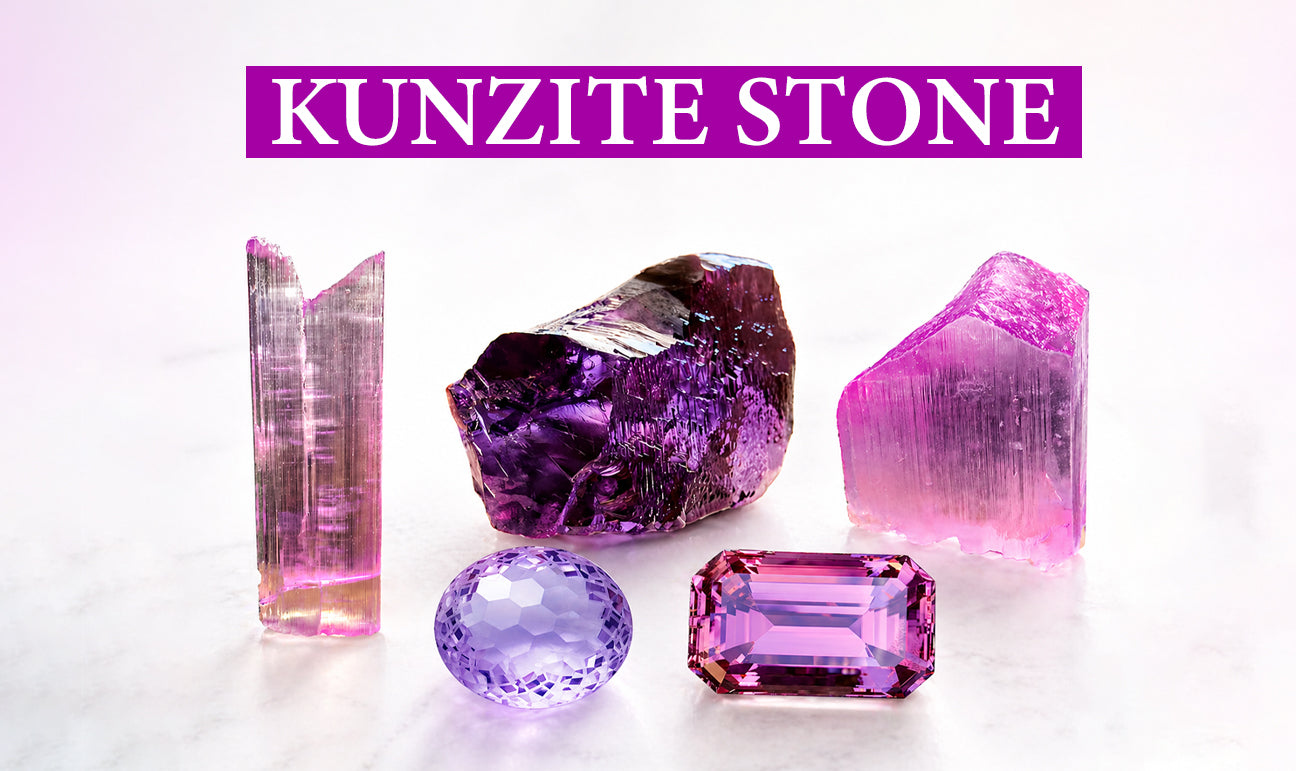 Raw and polished kunzite stones in pink and purple shades displayed together