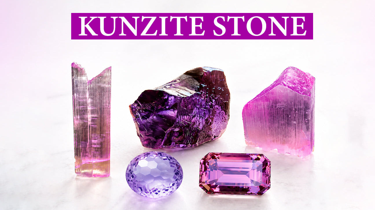 Raw and polished kunzite stones in pink and purple shades displayed together