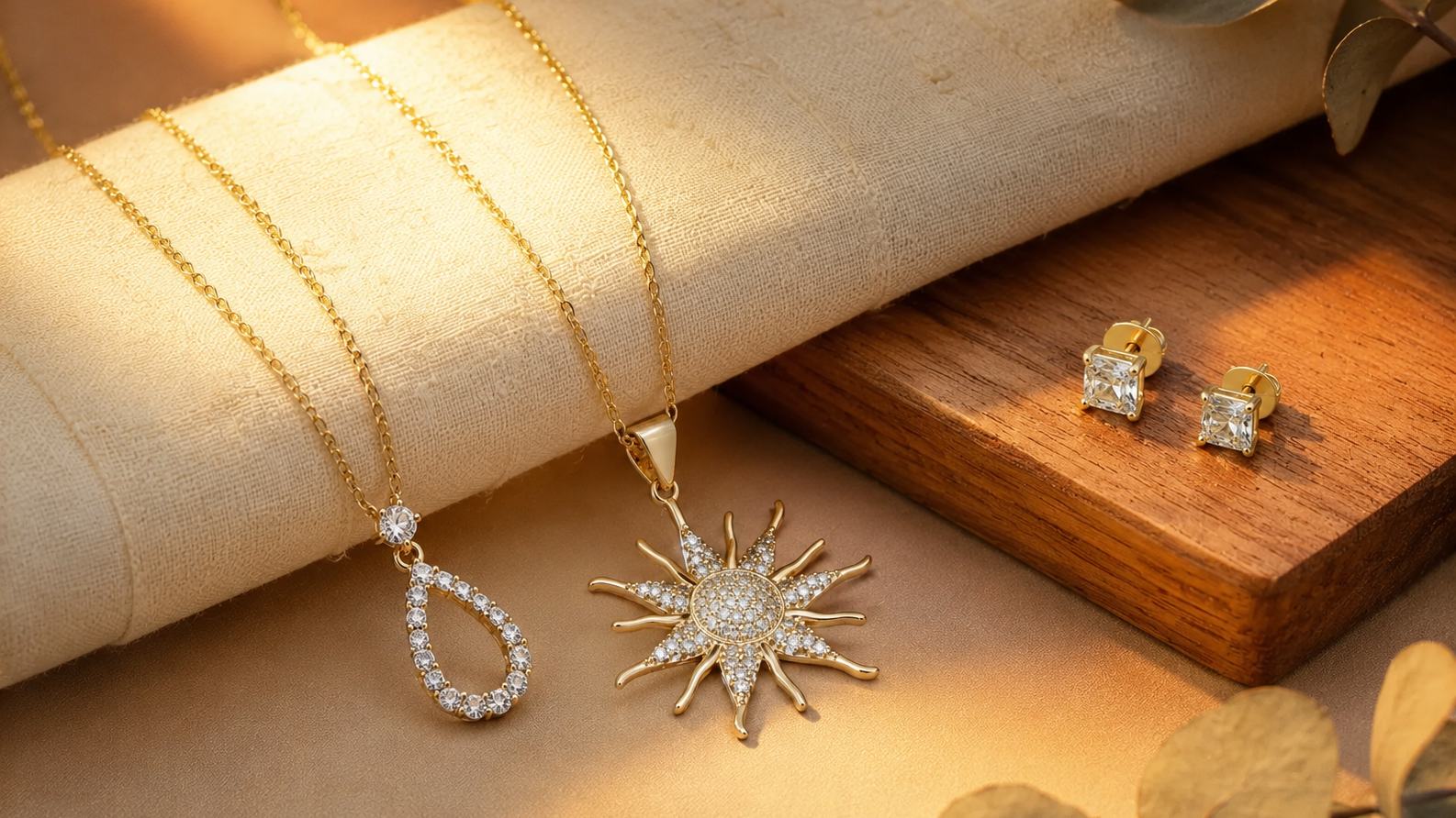 Gold necklaces and stud earrings displayed on a warm wooden jewelry setup.