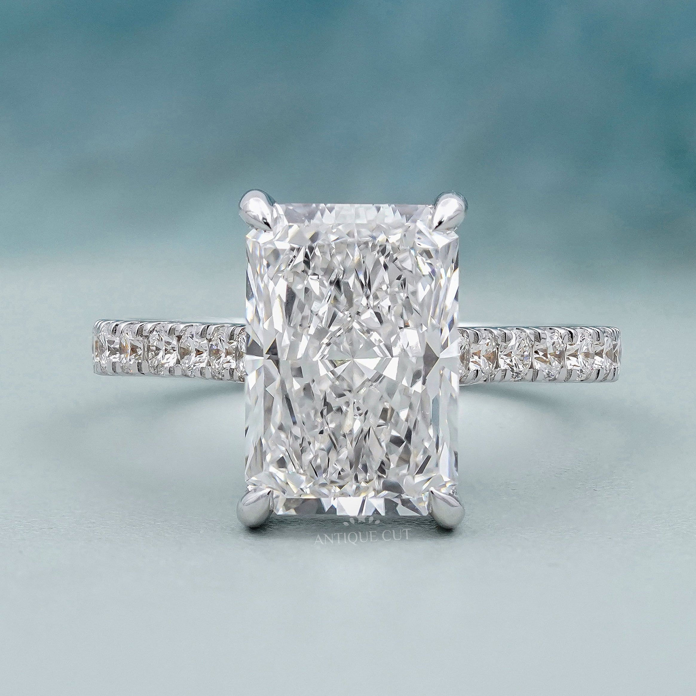 Radiant cut lab grown diamond engagement ring in white gold