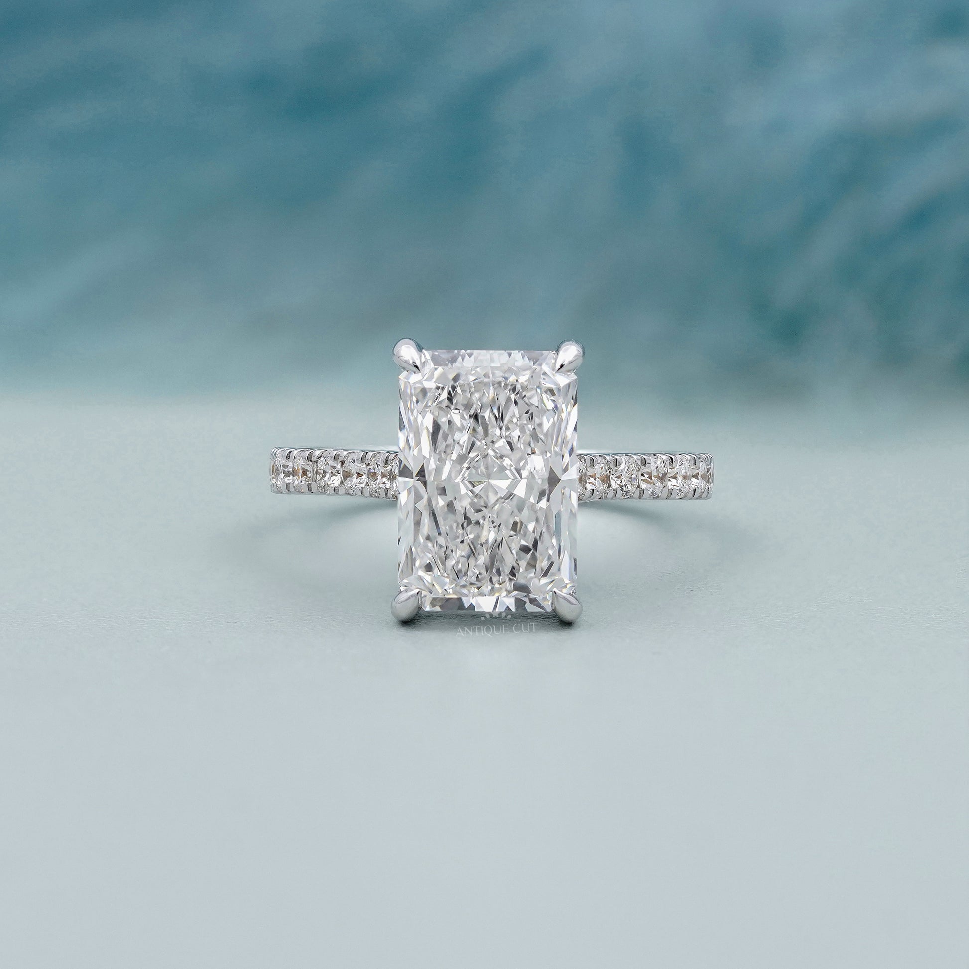 Radiant Cut 5.70tcw Lab Grown Diamond Engagement Ring | Hidden Halo Pavé Band | IGI Certified