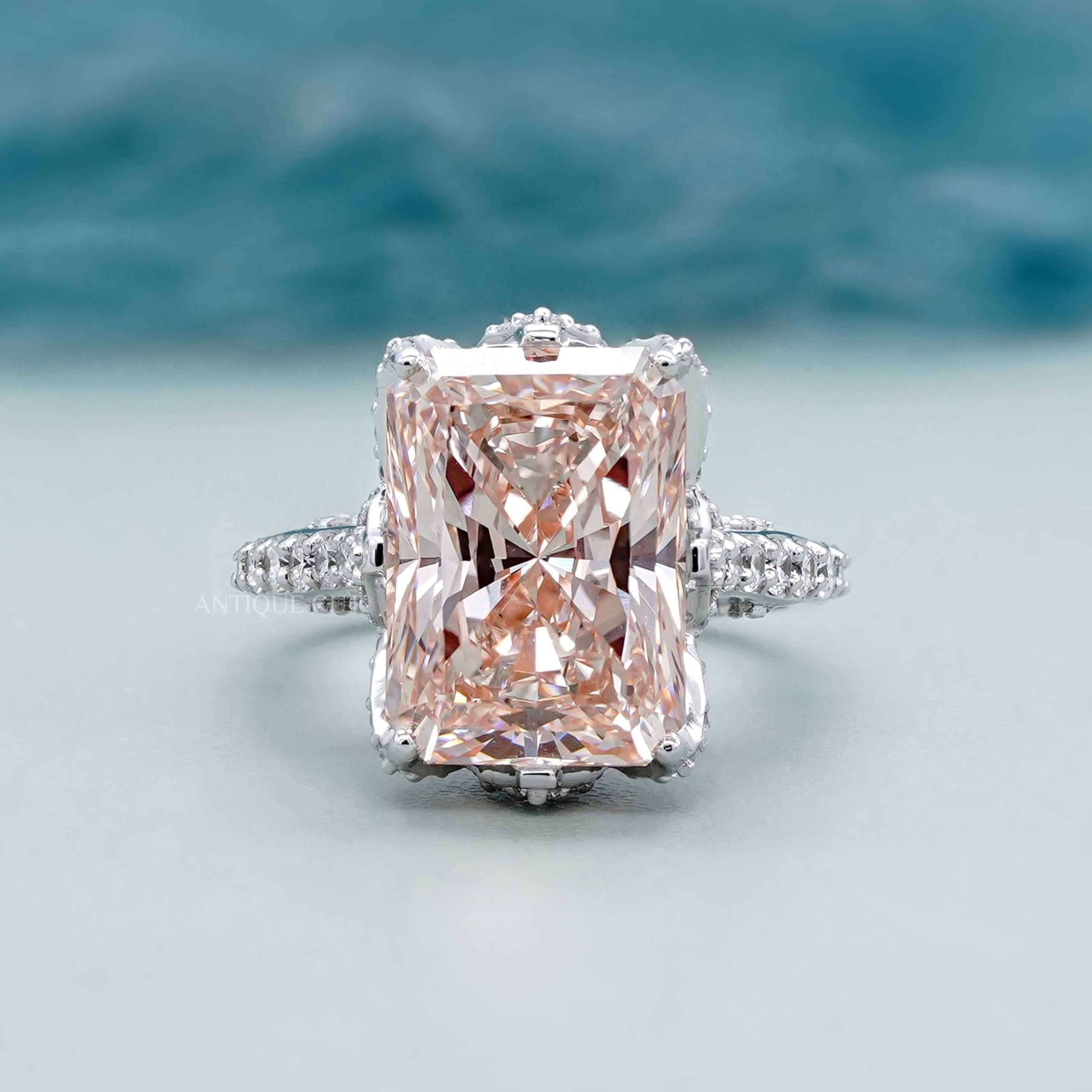 Radiant Fancy Pink Diamond Ring pave band side stones white gold