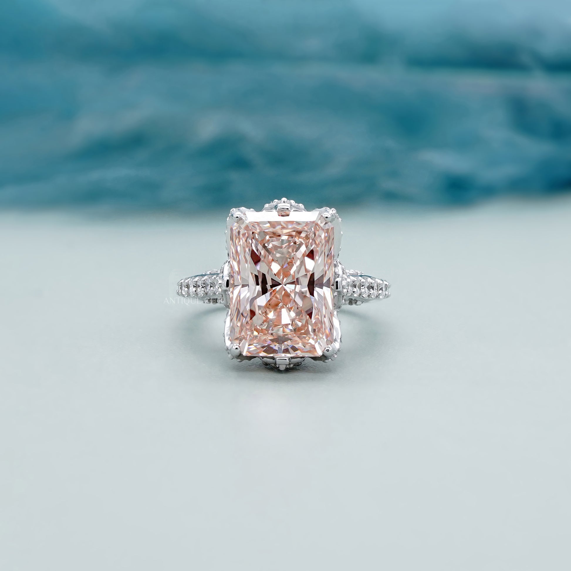 Fancy Pink Radiant 6.50tcw Lab Diamond Engagement Ring | IGI Certified | White Gold Pave Setting
