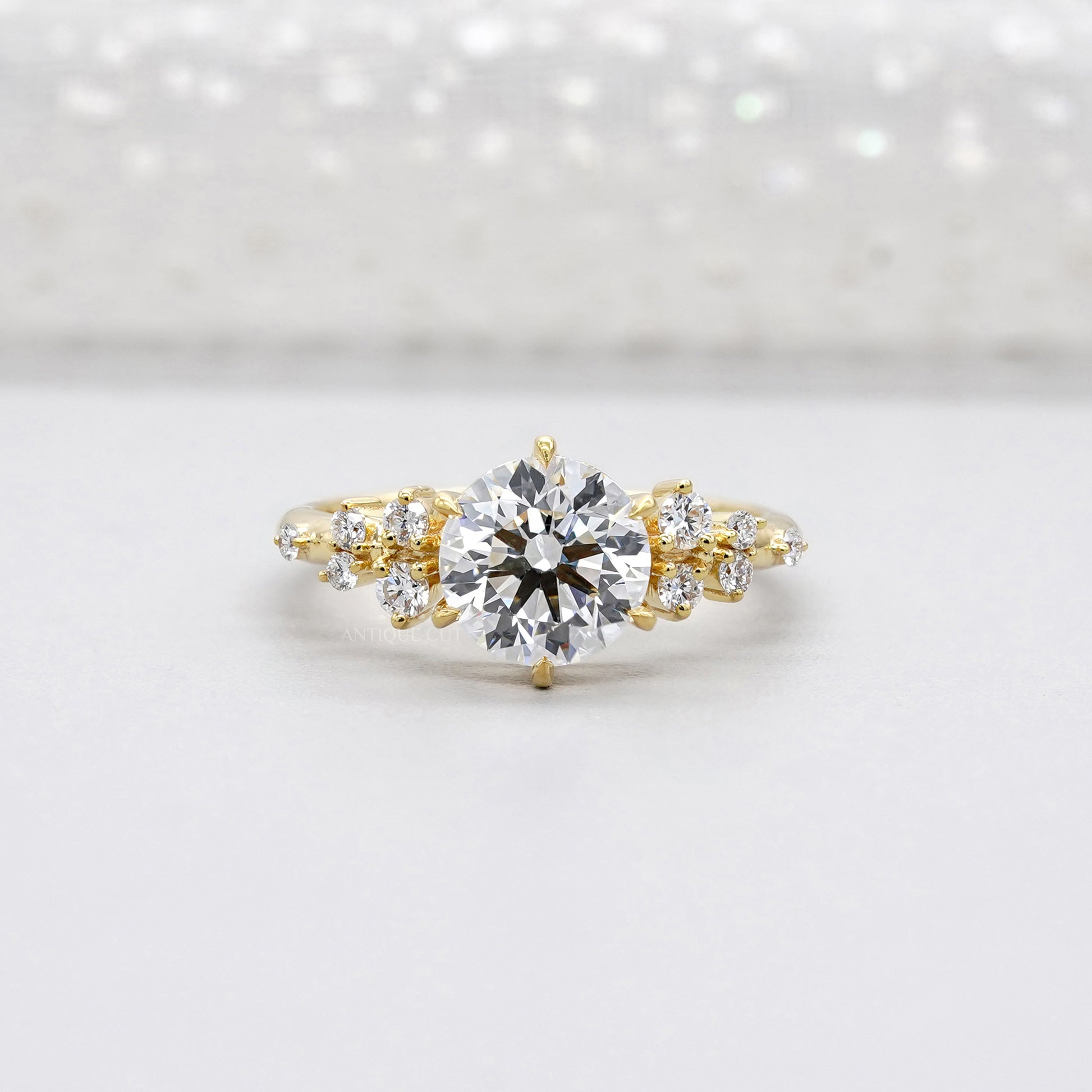 Round 2.30tcw Lab Diamond Engagement Ring | IGI Certified | Yellow Gold Cluster Side Stone Ring