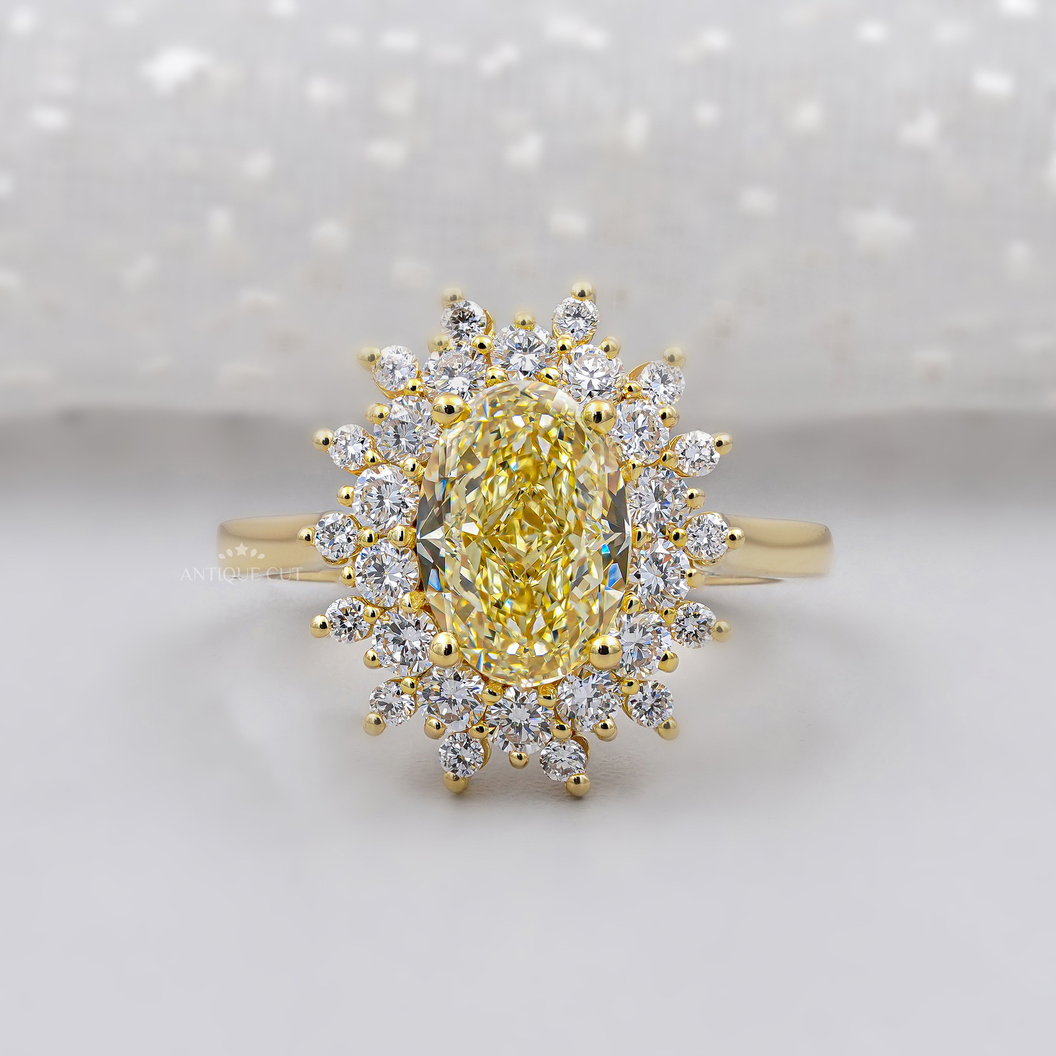 Gold ring with a yellow diamond and smaller diamonds on a white background

