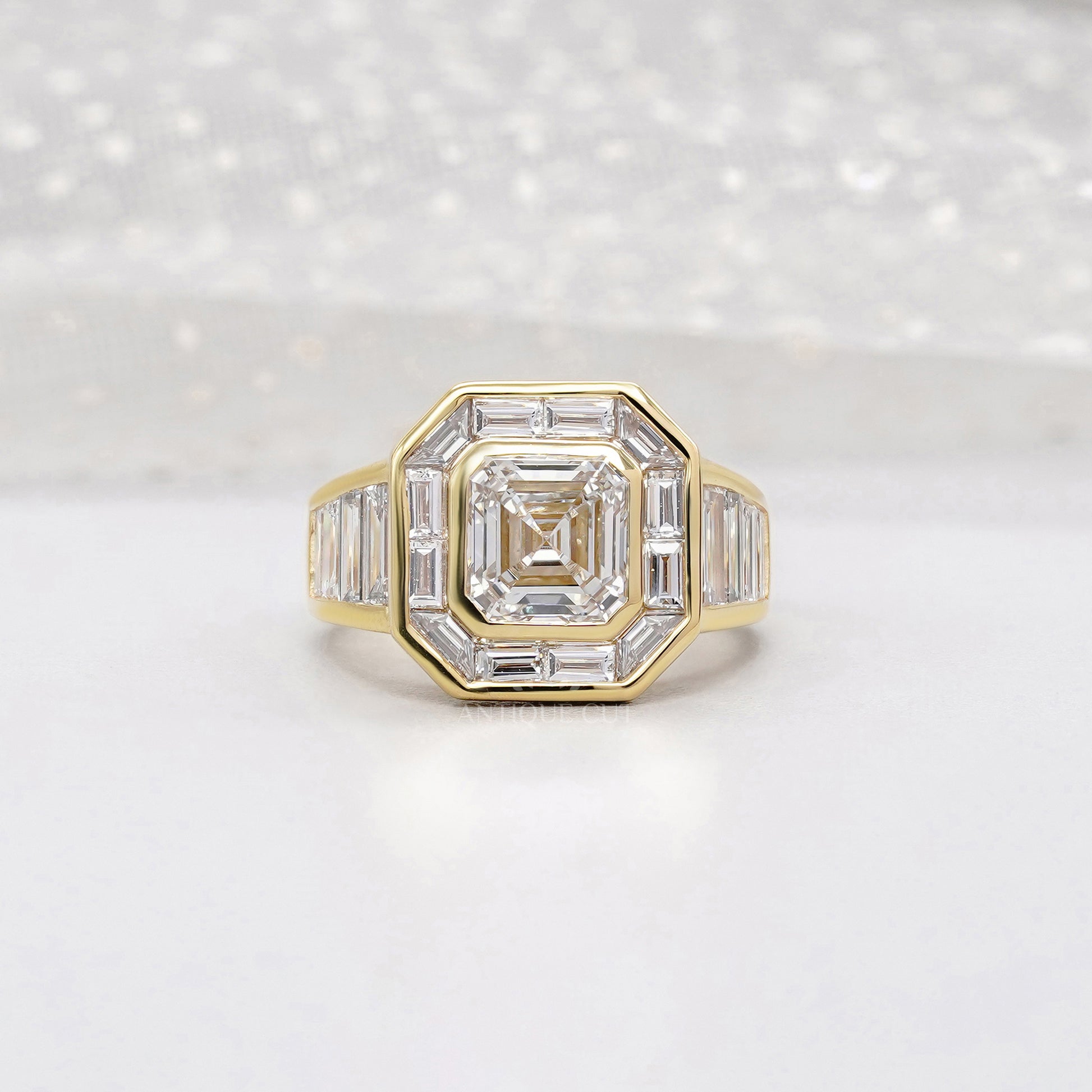 Asscher Cut 3.60ct Lab Grown Diamond Halo Engagement Ring | Baguette Side Stones in Yellow Gold | IGI Certified