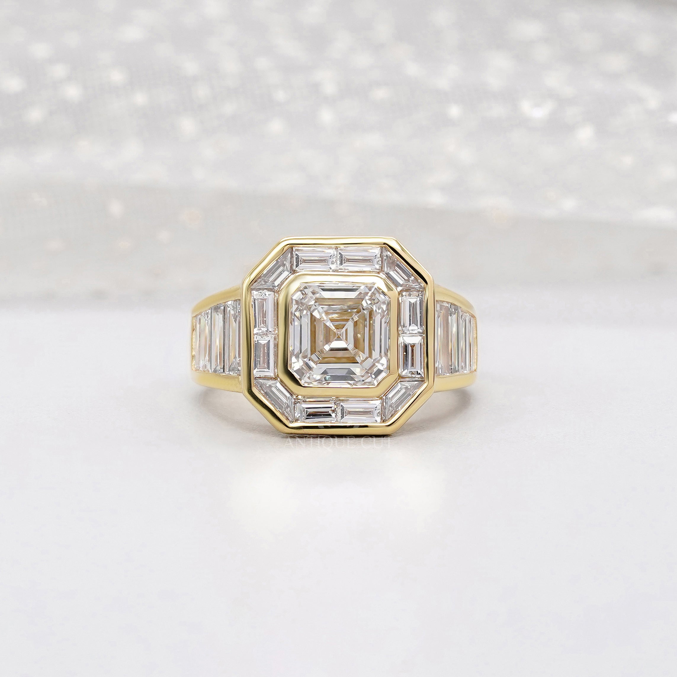 Asscher Cut 3.60ct Lab Grown Diamond Halo Engagement Ring | Baguette Side Stones in Yellow Gold | IGI Certified