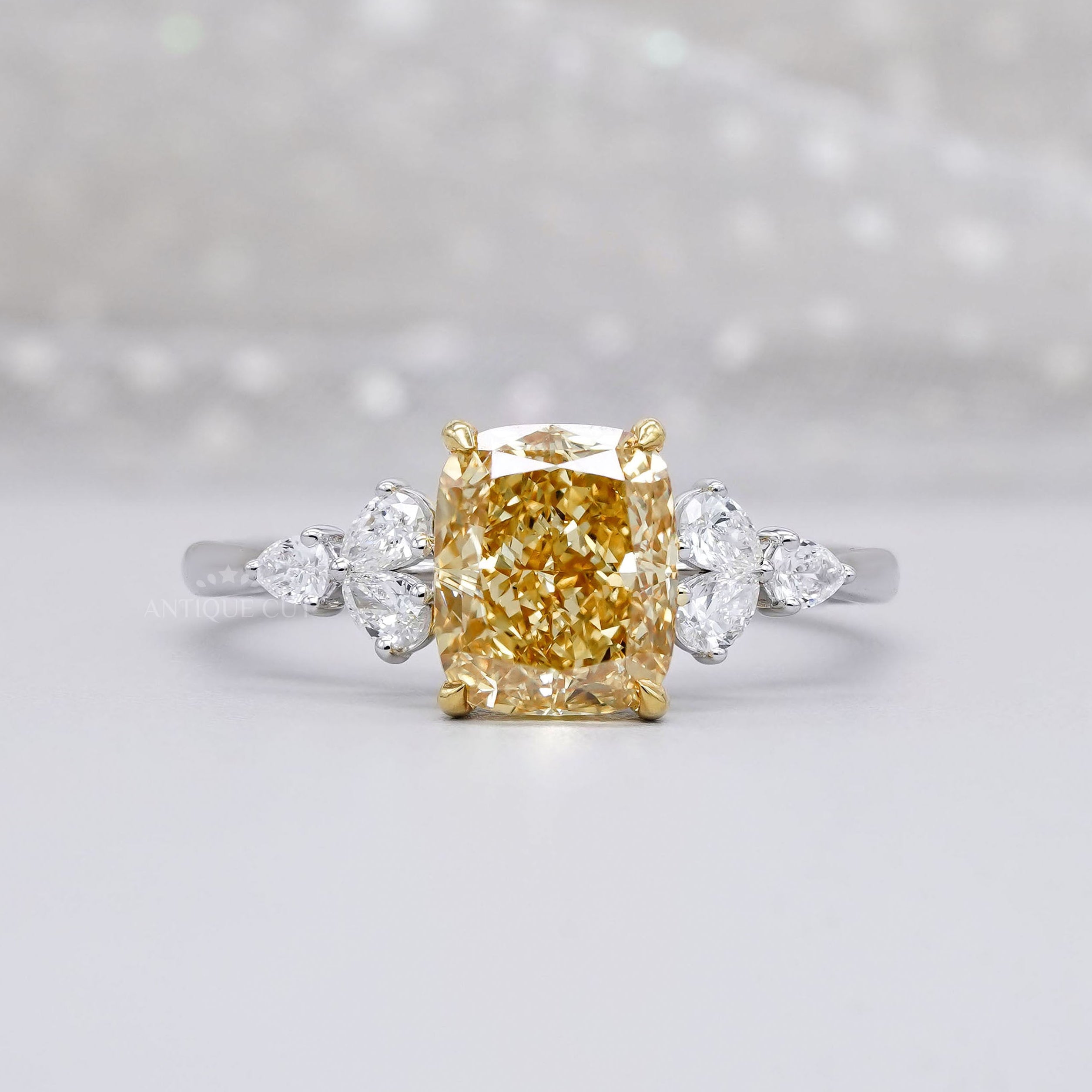 Cushion Cut Fancy Yellow Diamond Ring with Side Stones 4 prong