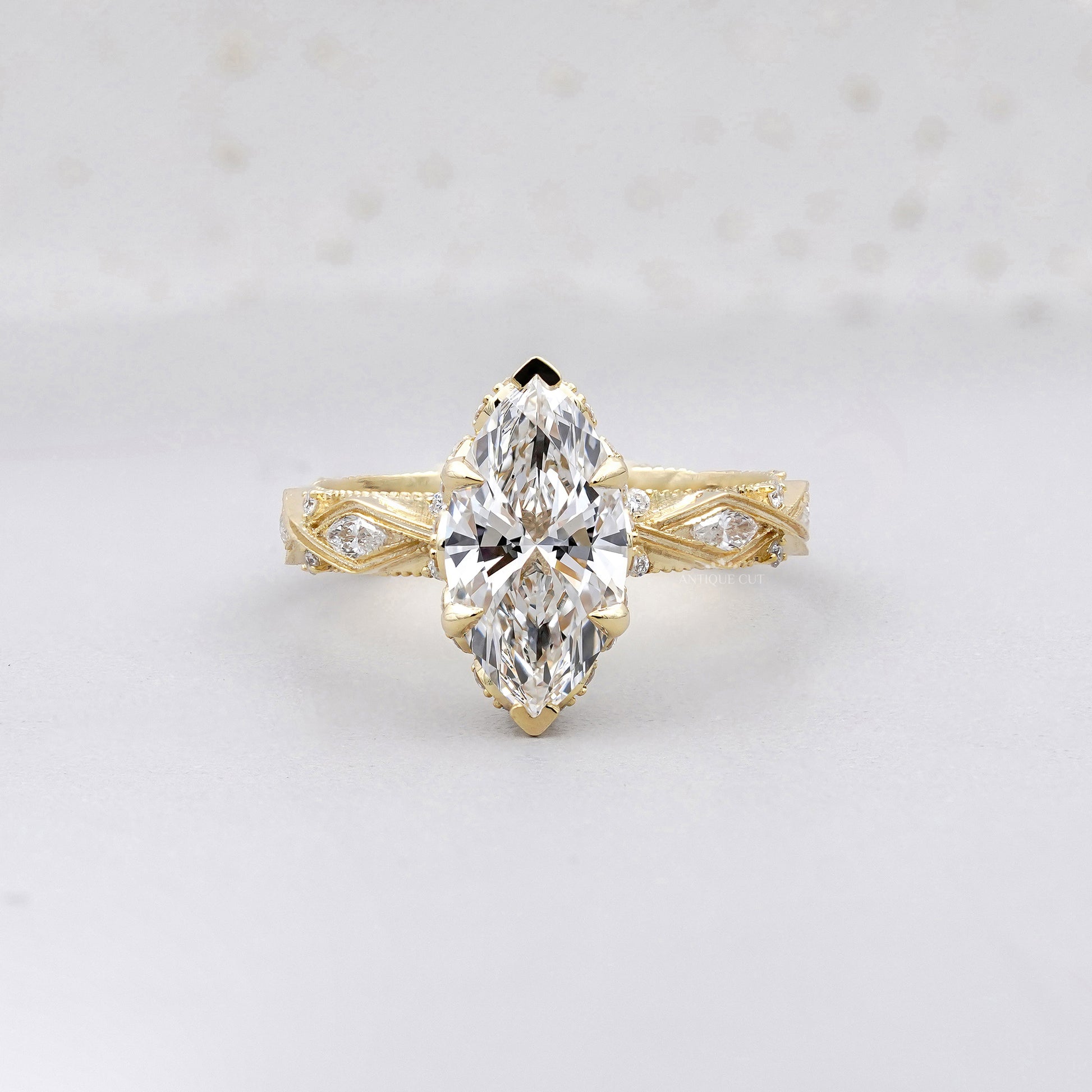 Marquise 3.16tcw Lab Grown Diamond Vintage Engagement Ring | Side Stone Antique Band | D–F Color | VVS–VS Clarity | IGI Certified