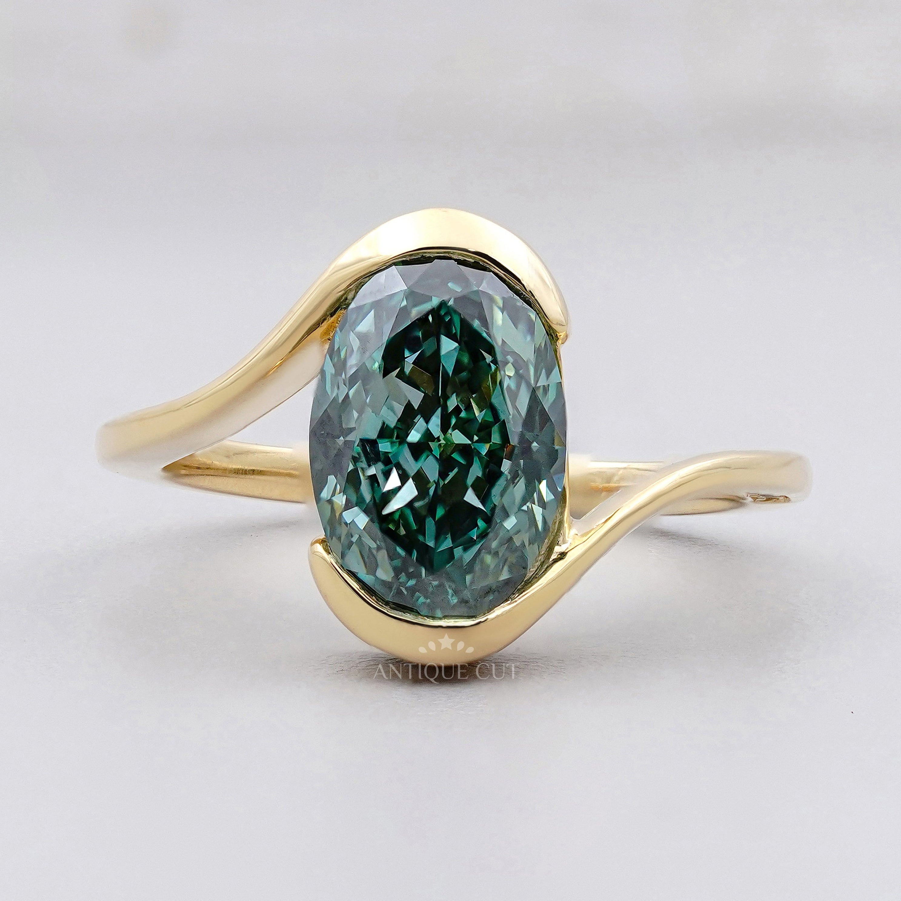 Fancy Green Oval Diamond Ring wave engagement hidden stone band