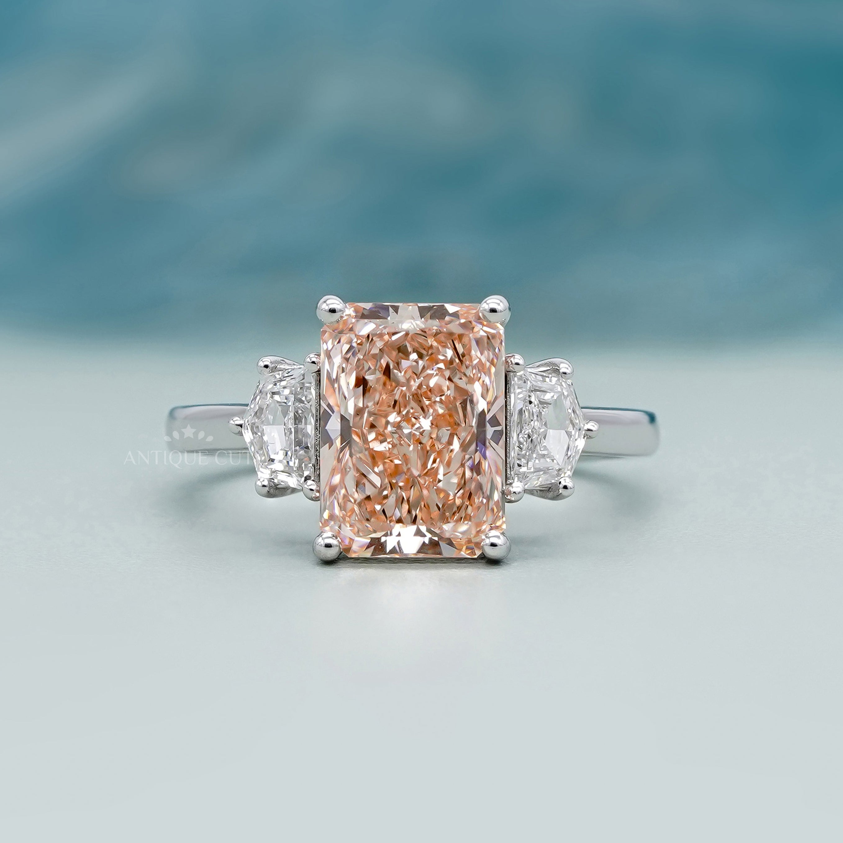 Radiant Fancy Pink Diamond Ring three stone white gold