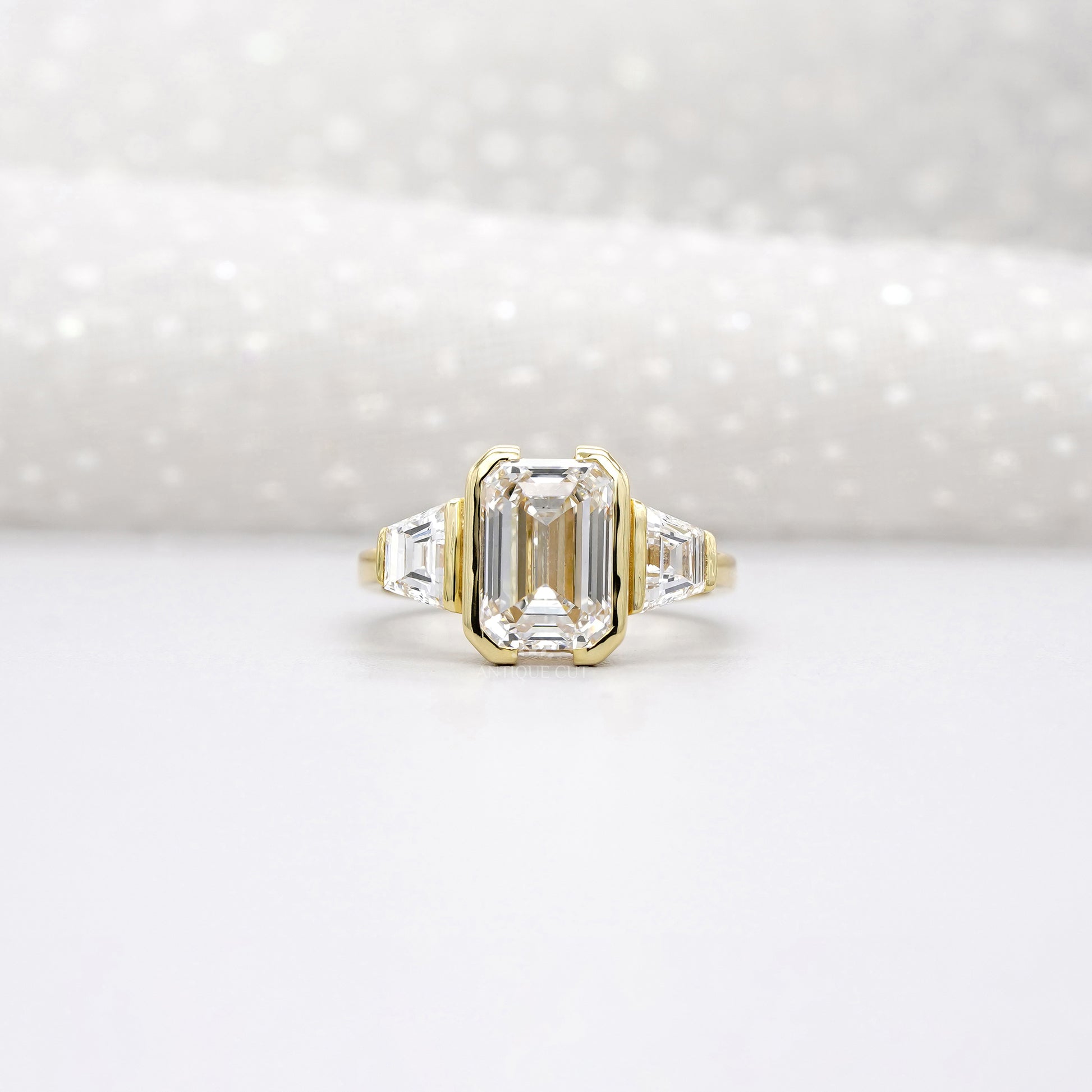 3.70tcw Emerald Lab-Grown Diamond Engagement Ring | 3.00ct Emerald + 0.70ct Trapezoid Side Stones | 14k Gold IGI Certified