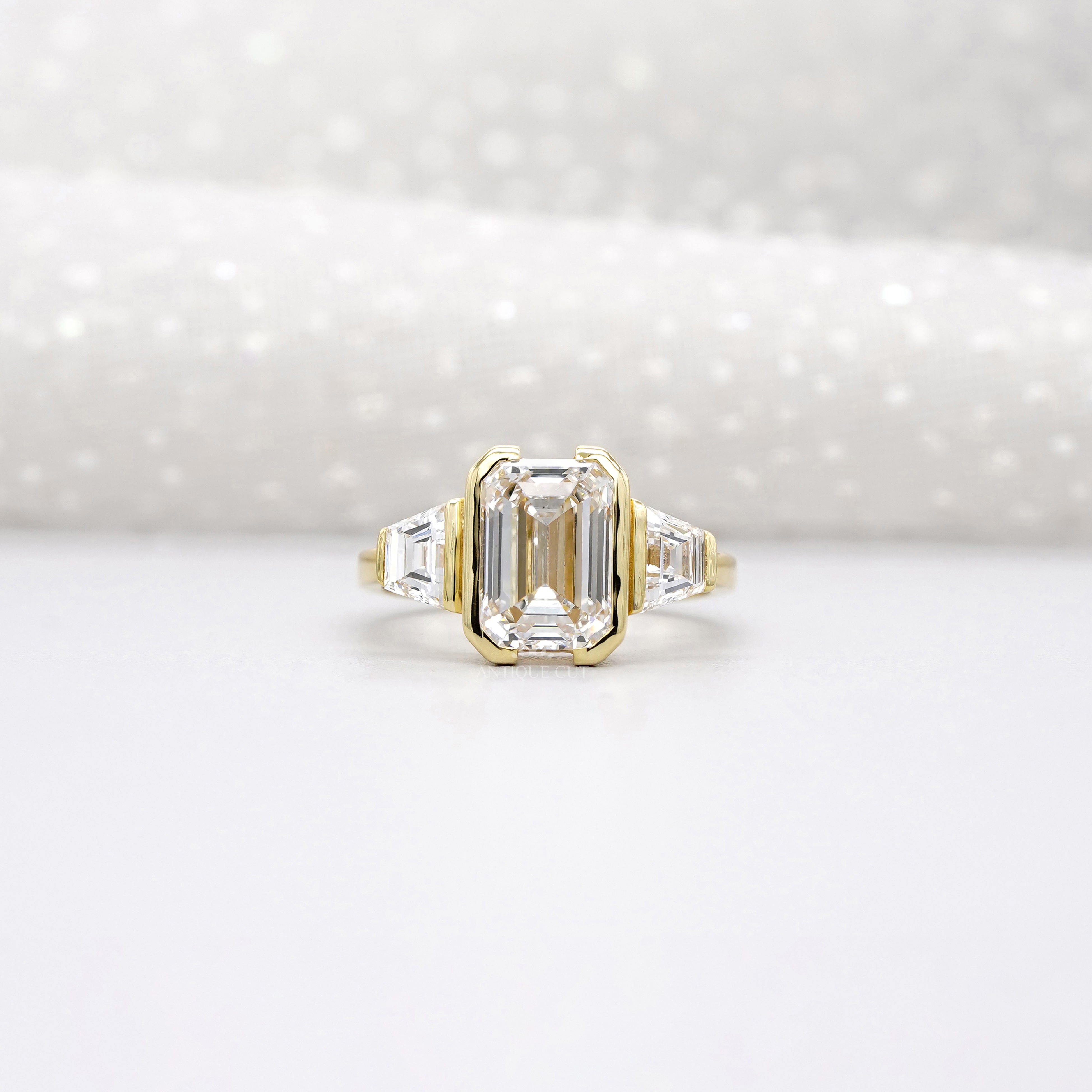 3.70tcw Emerald Lab-Grown Diamond Engagement Ring | 3.00ct Emerald + 0.70ct Trapezoid Side Stones | 14k Gold IGI Certified