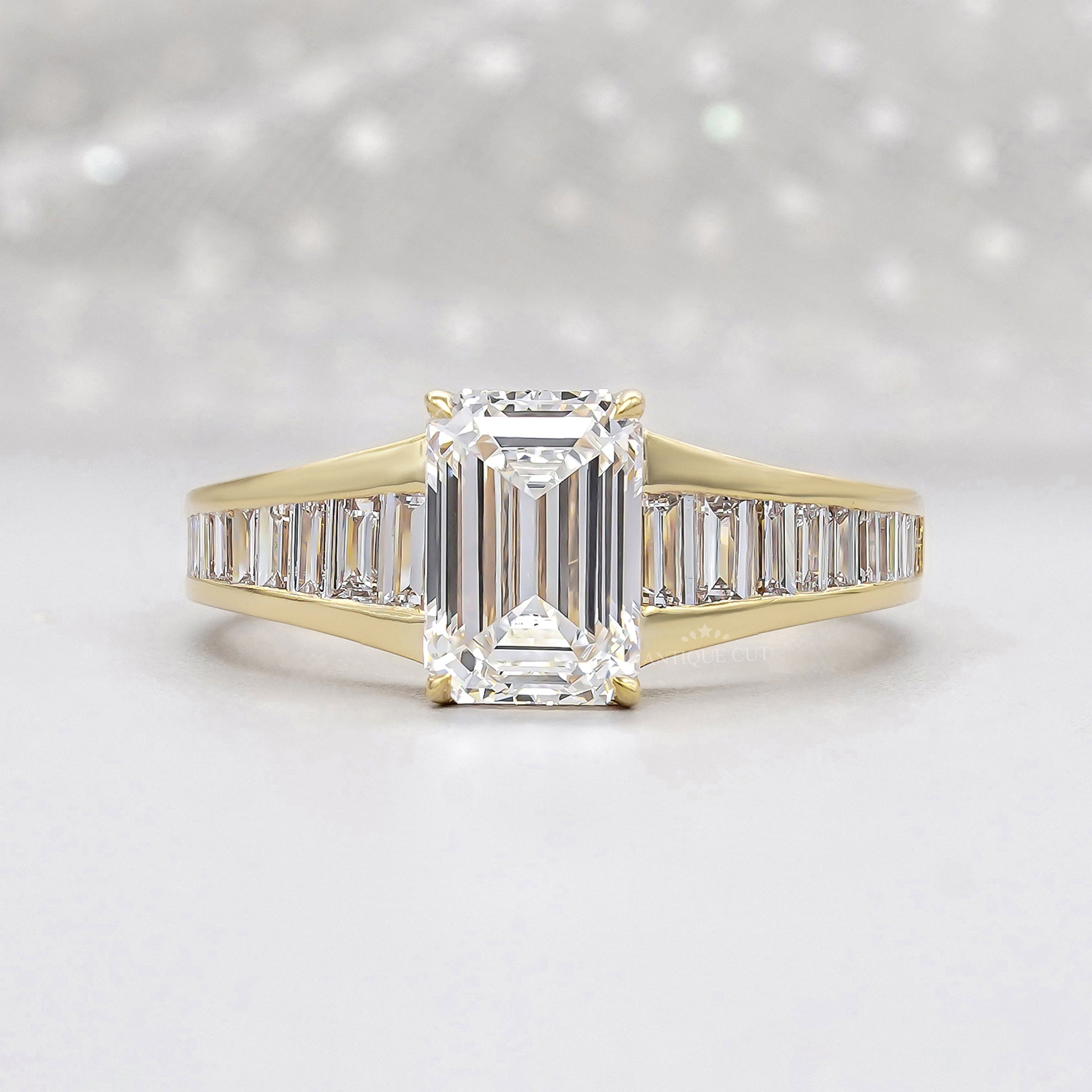 Emerald cut lab grown diamond ring in yellow gold