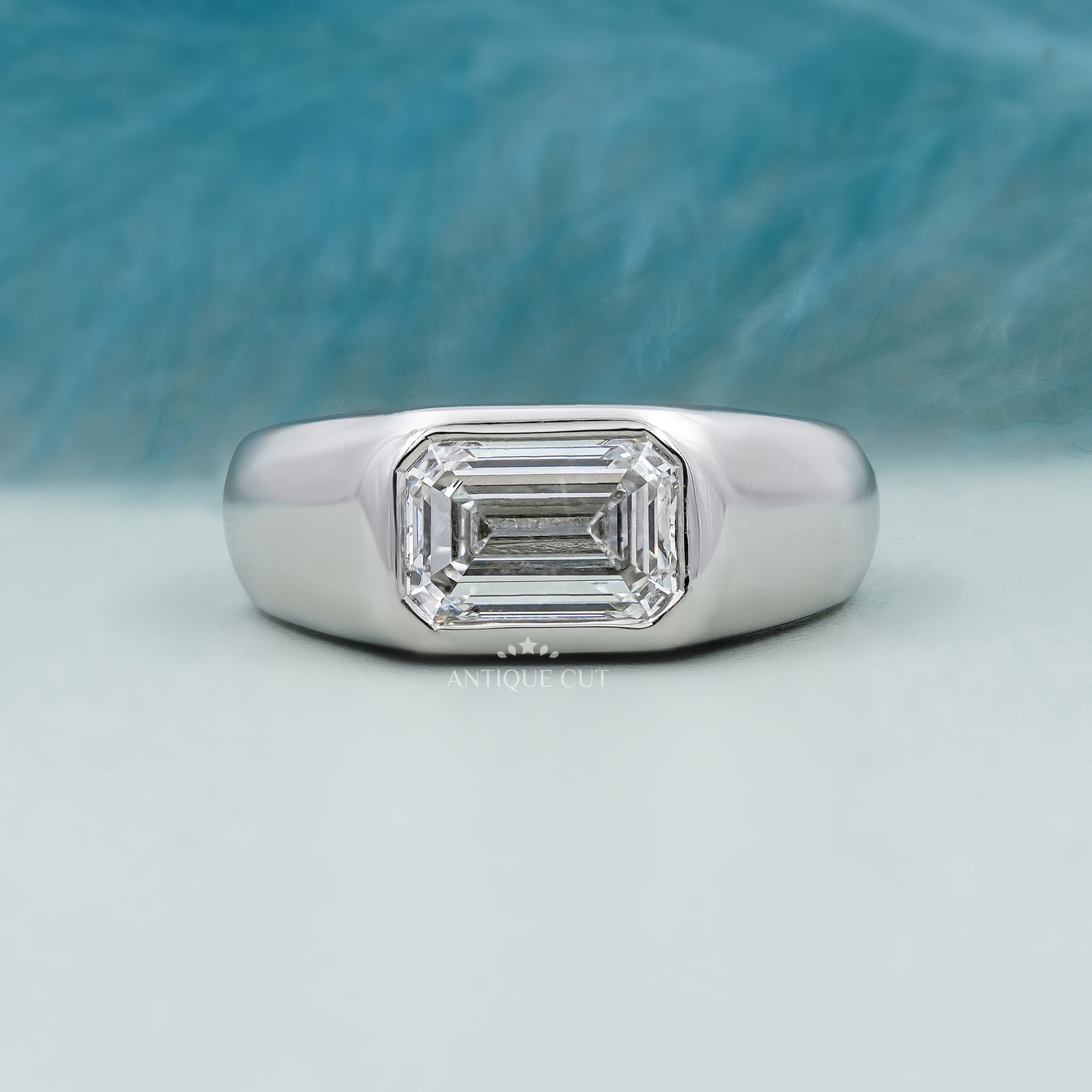 East West Engagement Ring | Lab Grown Emerald Bezel Set Diamond in White Gold