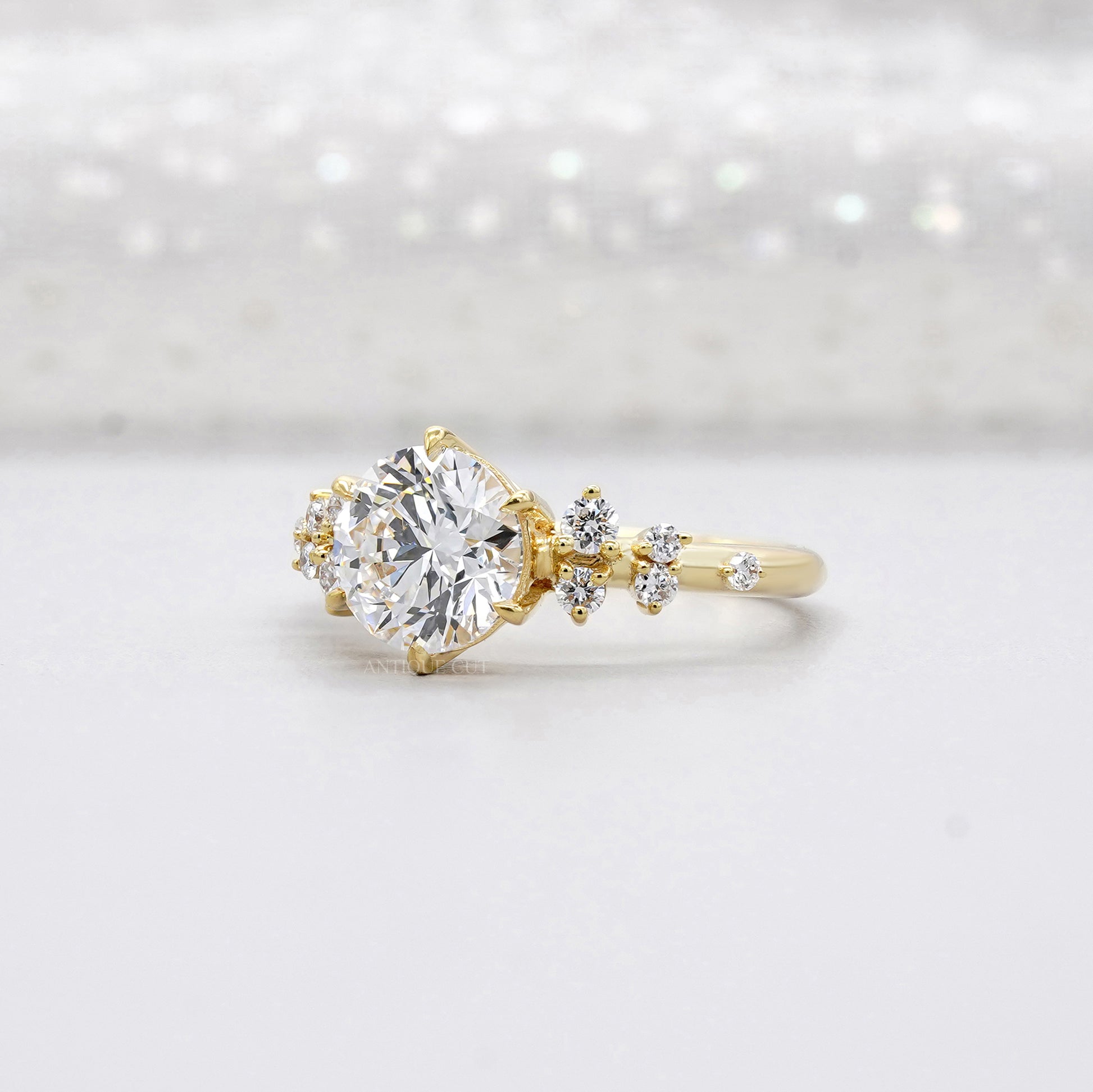 Round 2.30tcw Lab Diamond Engagement Ring | IGI Certified | Yellow Gold Cluster Side Stone Ring