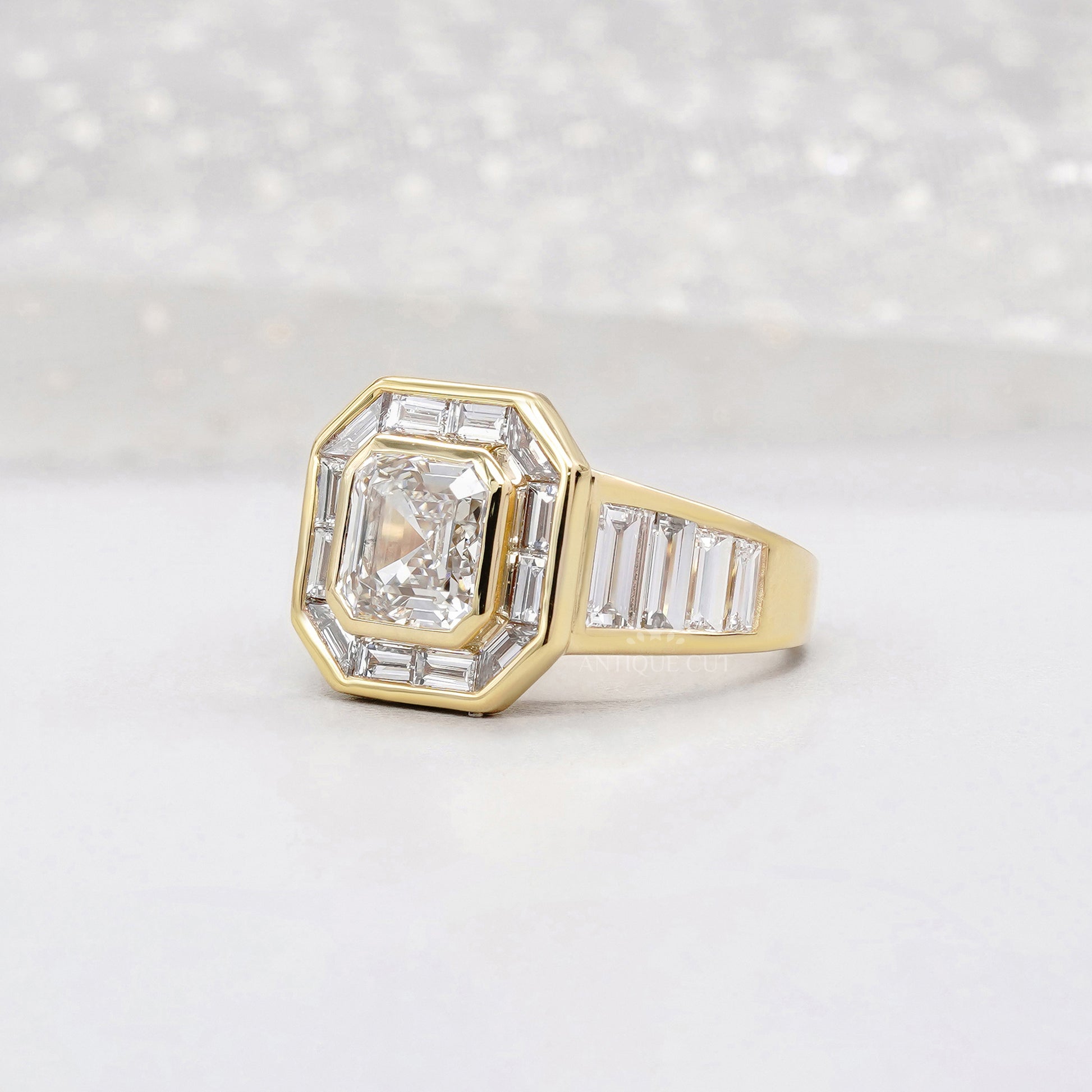 Asscher Cut 3.60ct Lab Grown Diamond Halo Engagement Ring | Baguette Side Stones in Yellow Gold | IGI Certified