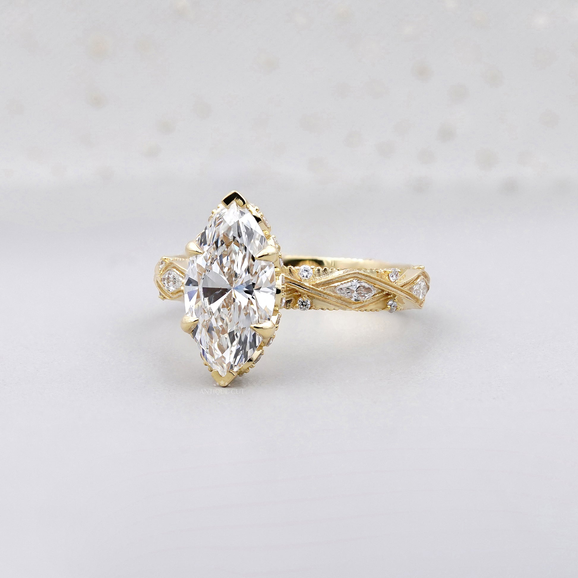 Marquise 3.16tcw Lab Grown Diamond Vintage Engagement Ring | Side Stone Antique Band | D–F Color | VVS–VS Clarity | IGI Certified